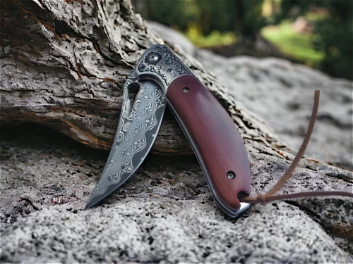 Artisan Damascus Steel Folding Knife with a handcrafted rosewood handle and engraved blade.