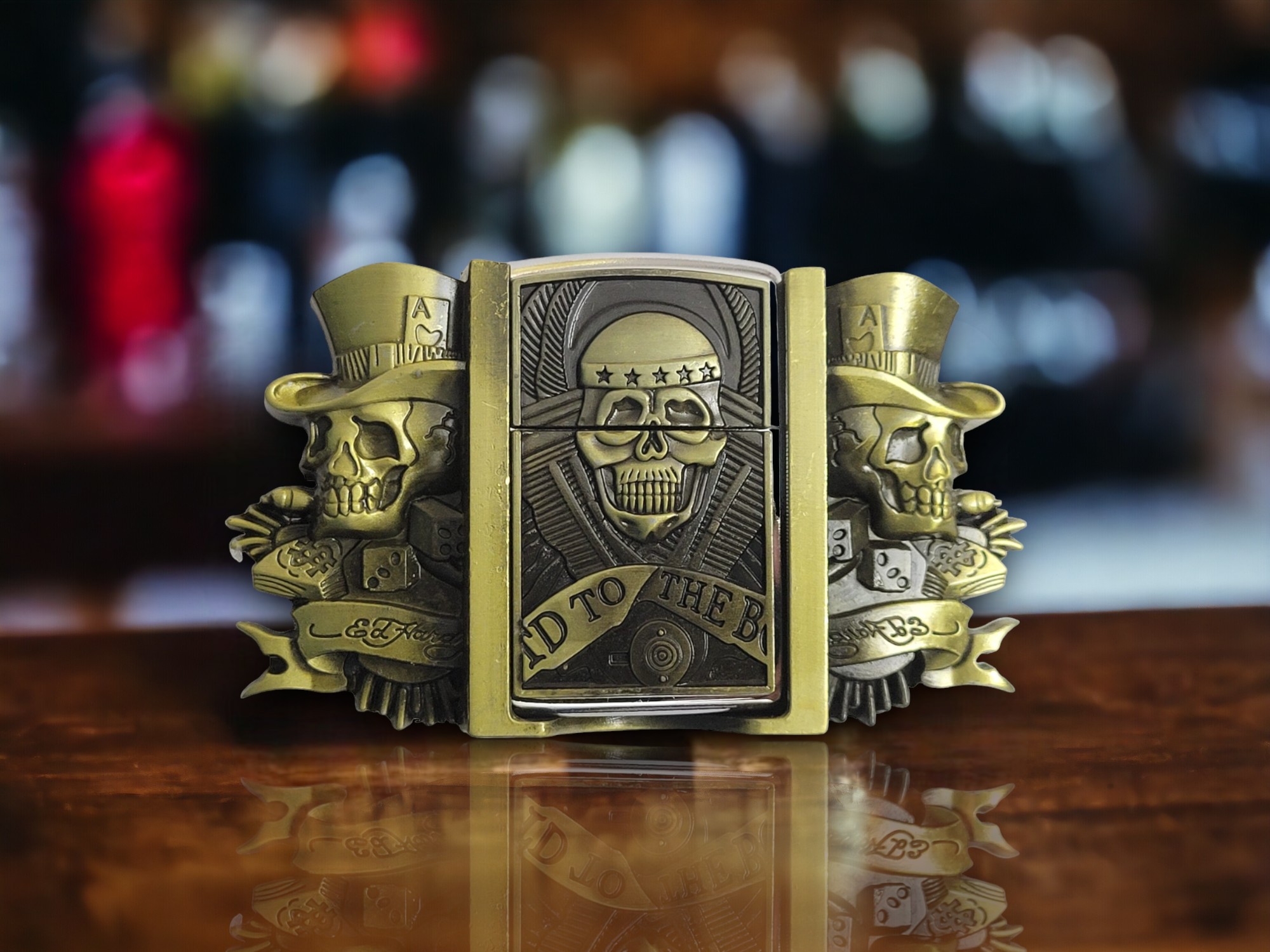 Gambler Skulls With Hats Bronze Finish Belt Buckle with intricate skull designs and integrated brass-finish lighter