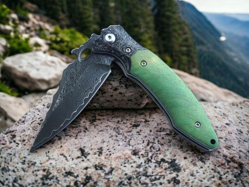 Hand Forged Titanium Layered Damascus Steel Folding Knife