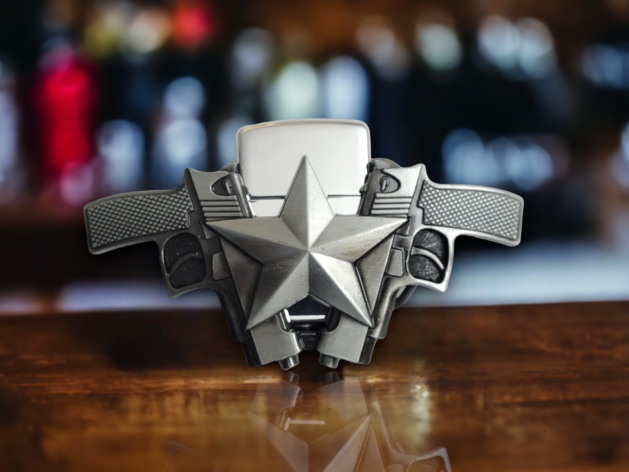 Twin Guns Design Silver Finish Metal Lighter Holder Belt Buckle