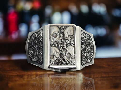 Antique Silver Finish Metal Skulls Lighter Belt Buckle