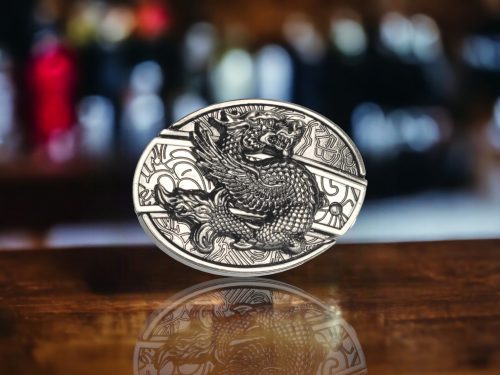 Folding Knife Belt Buckle featuring a 3D dragon design with complimentary laser engraving option.