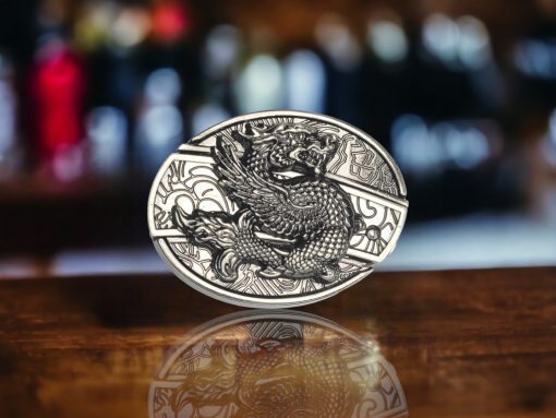 Folding Knife Belt Buckle featuring a 3D dragon design with complimentary laser engraving option.