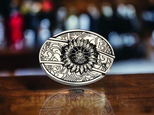 Folding Knife Belt Buckle featuring a 3D Sun Flower design and laser engraving option.