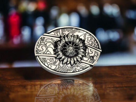 Folding Knife Belt Buckle featuring a 3D Sun Flower design and laser engraving option.