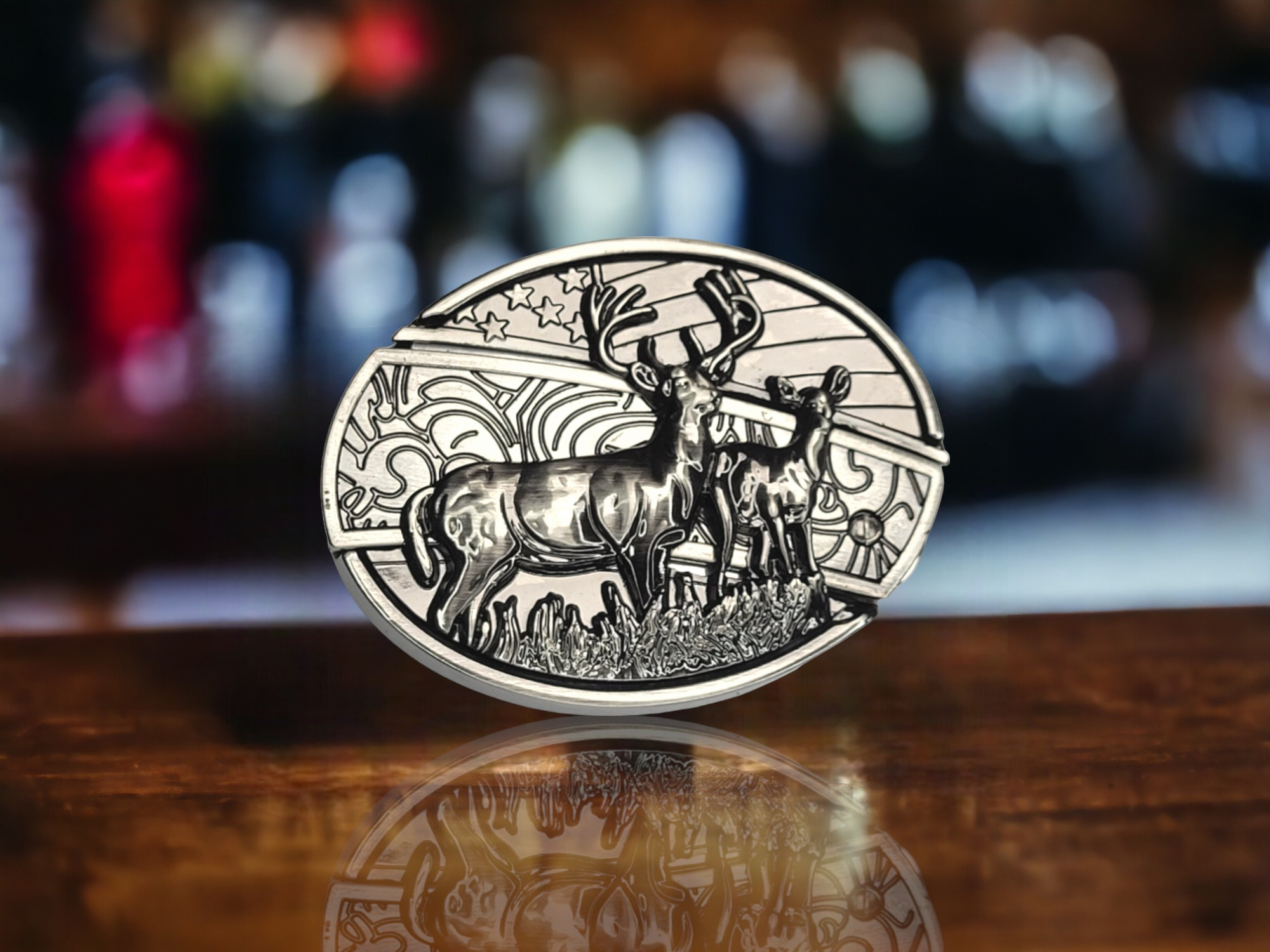 Folding Knife Belt Buckle with 3D Twin Deer Design and laser engraving option for personalization
