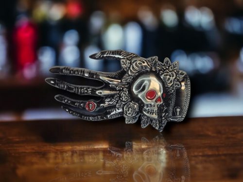 Skelton Hand With Skull & Rose Belt Buckle