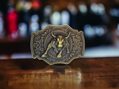 Antique brass finish Raging Bull Belt Buckle with a bold longhorn bull design.