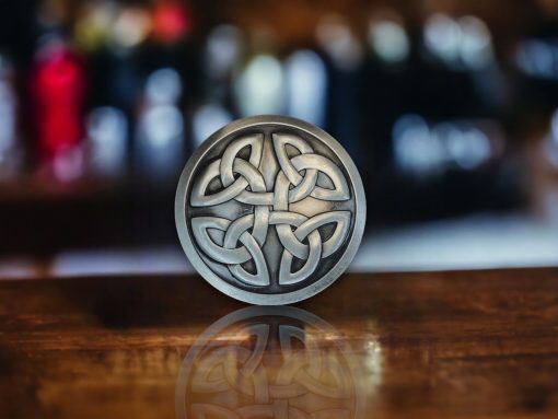 Silver finish Celtic Knot Belt Buckle with intricate design, symbolizing tradition and craftsmanship.