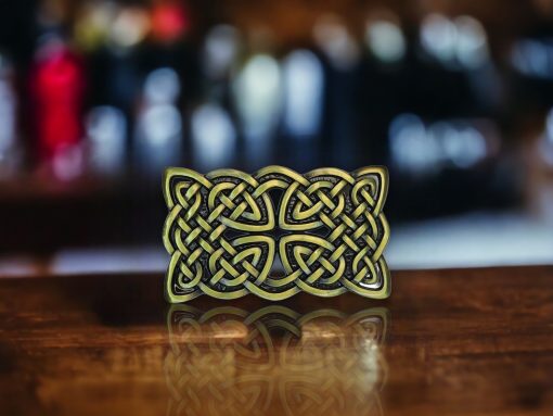 Rectangular silver Celtic knot belt buckle crafted from durable metal alloy, designed for 1.5-inch belts with intricate Celtic-inspired detailing.