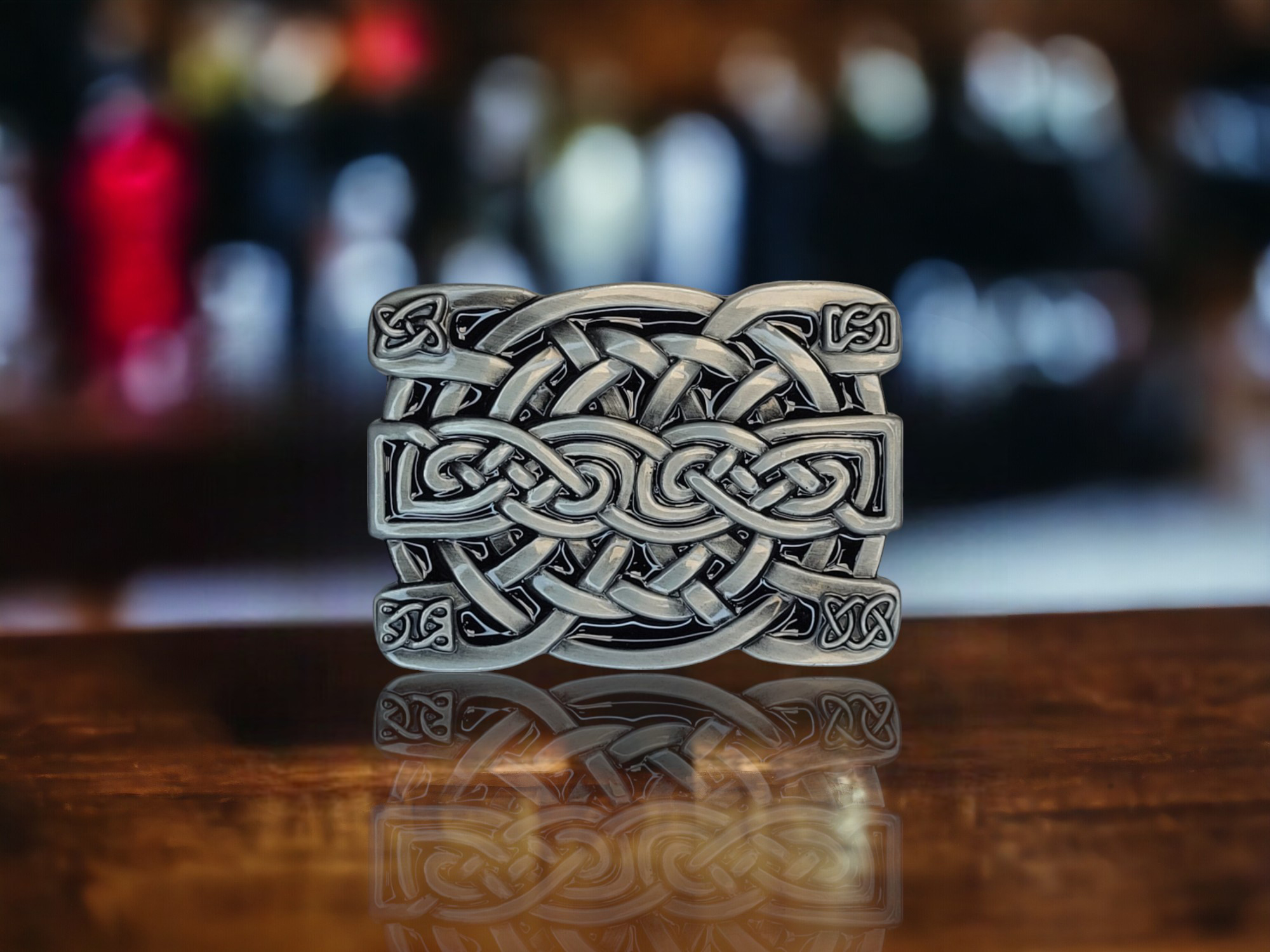 Celtic pattern belt buckle with a five-point star design, crafted from high-quality metal alloy, fitting 1.5-inch belts with smooth, rounded edges.
