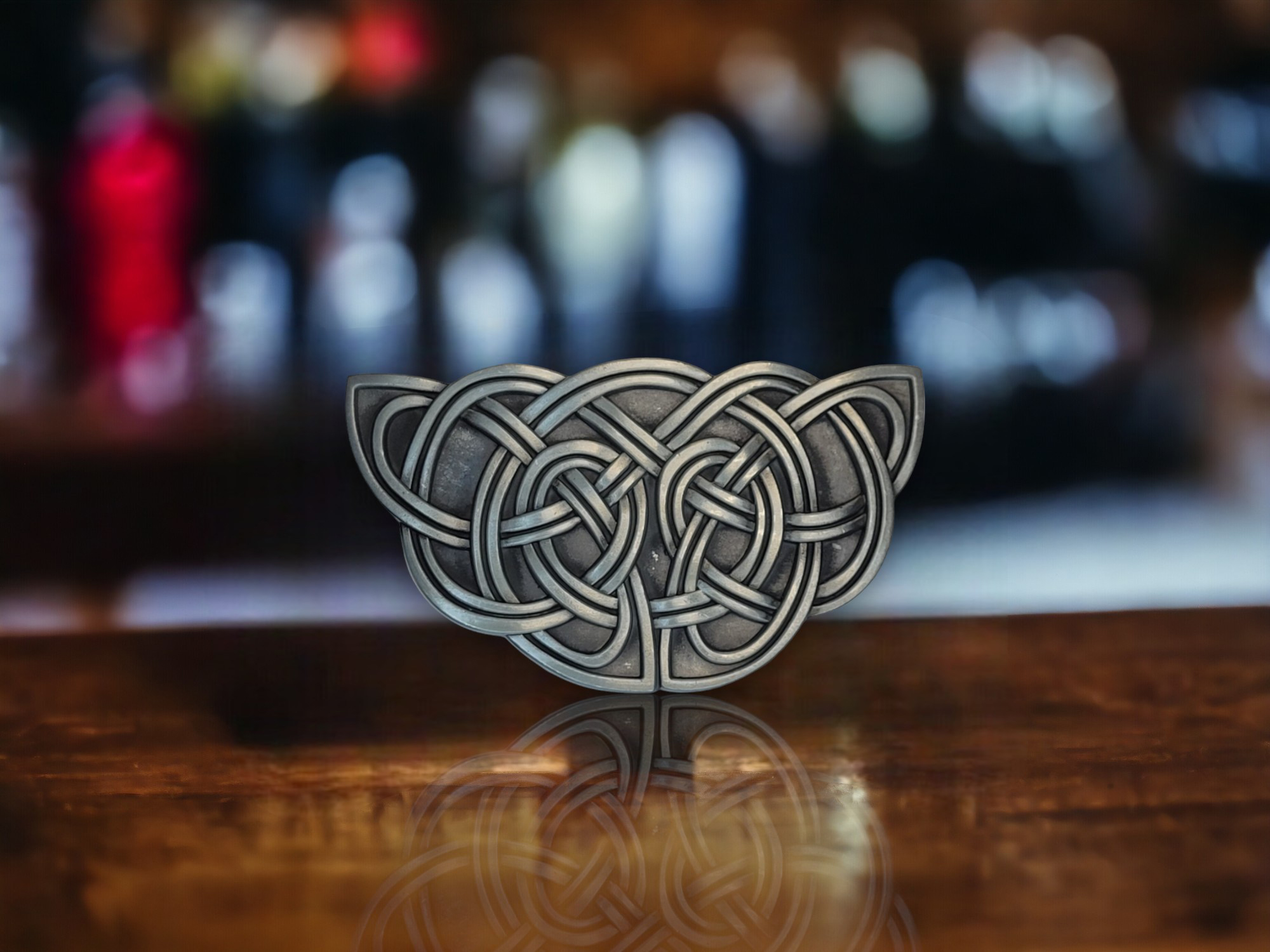 Silver-finish Celtic knot belt buckle with intricate knot patterns, crafted for durability and fitting 1.5-inch belts.