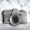 Vintage silver belt buckle featuring a 3D camera design with intricate antique-inspired detailing.