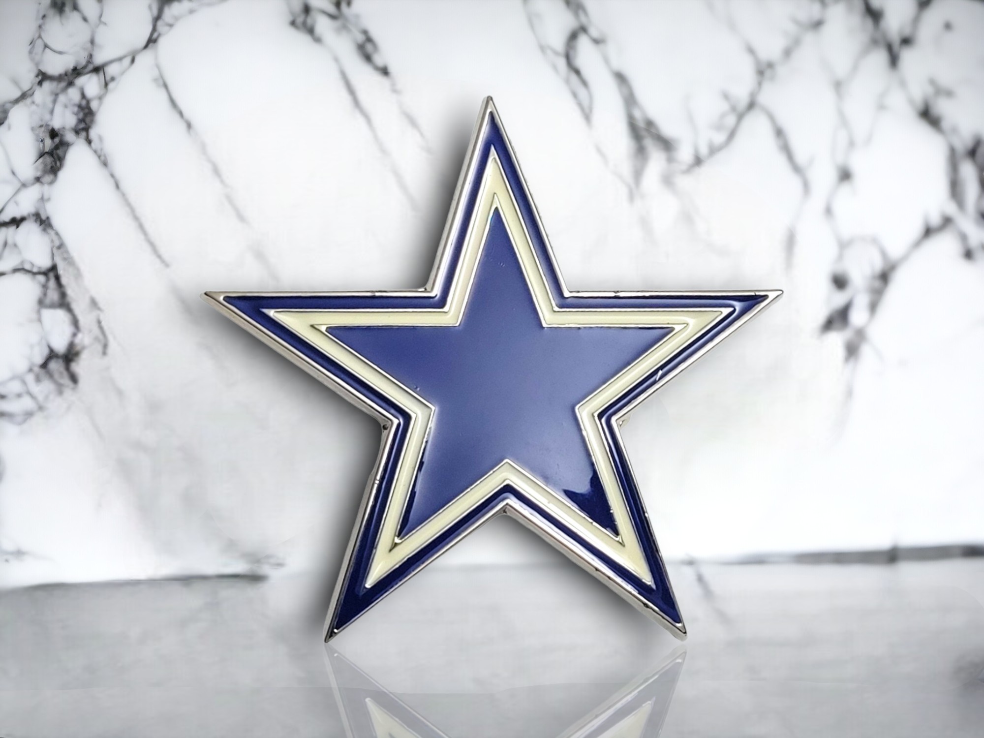 North Blue Star belt buckle with blue and white enamel inlay and an antique brushed silver finish.