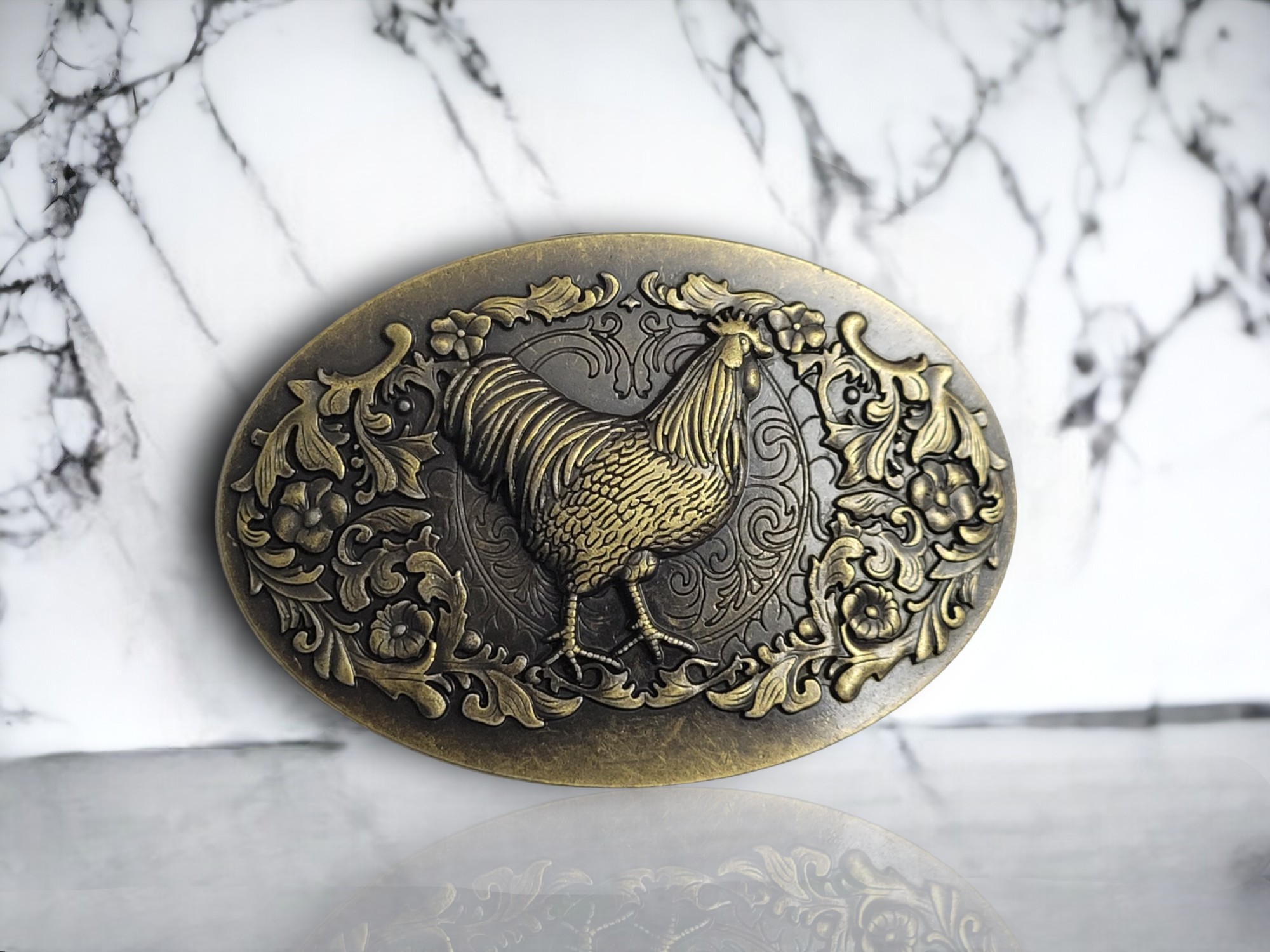 Western Style Fashion Belt Buckles (8) Vintage bronze oval belt buckle with a 3D rooster design, turquoise center stone, and rustic Western finish.