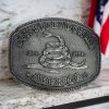 Don't Tread on Me Western Style Belt Buckle with antique silver finish, featuring a bold design.