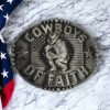 Cowboy Of Faith Kneeling in front of USA Flag Belt Buckle crafted from polished zinc alloy, featuring a patriotic oval design with a curved edge.