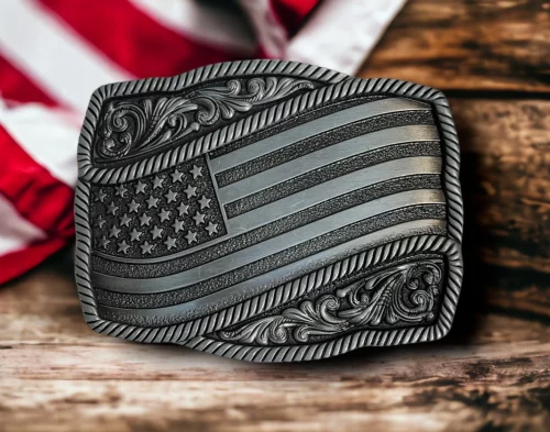 Antique Silver Finish United States Of America Flag Belt Buckle