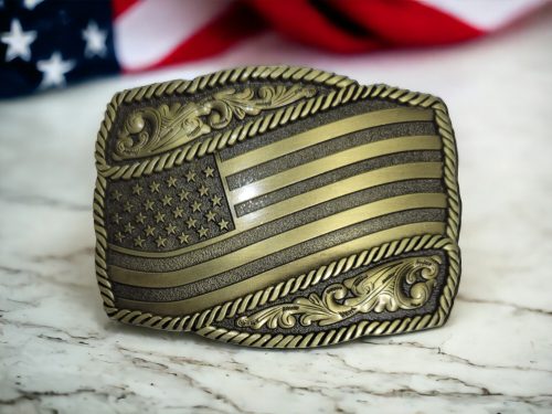 Antique Bronze Finish USA Flag Flown At Half Mast Belt Buckle