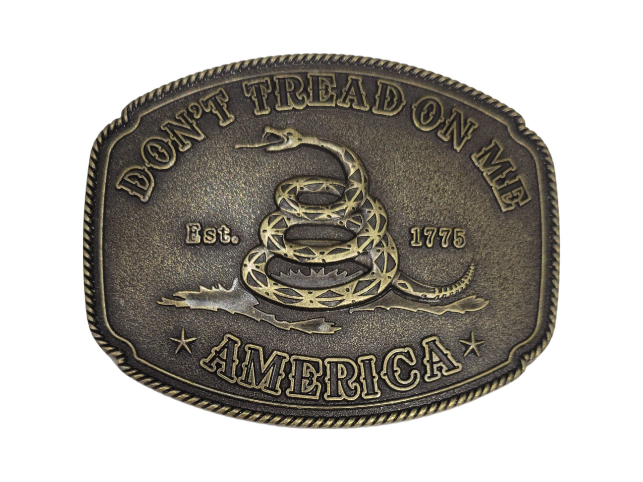 Don't Tread on Me Western Style Belt Buckle with antique bronze and silver finish, featuring a bold design.
