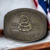 Don't Tread on Me Western Style Belt Buckle with antique bronze and silver finish, featuring a bold design.