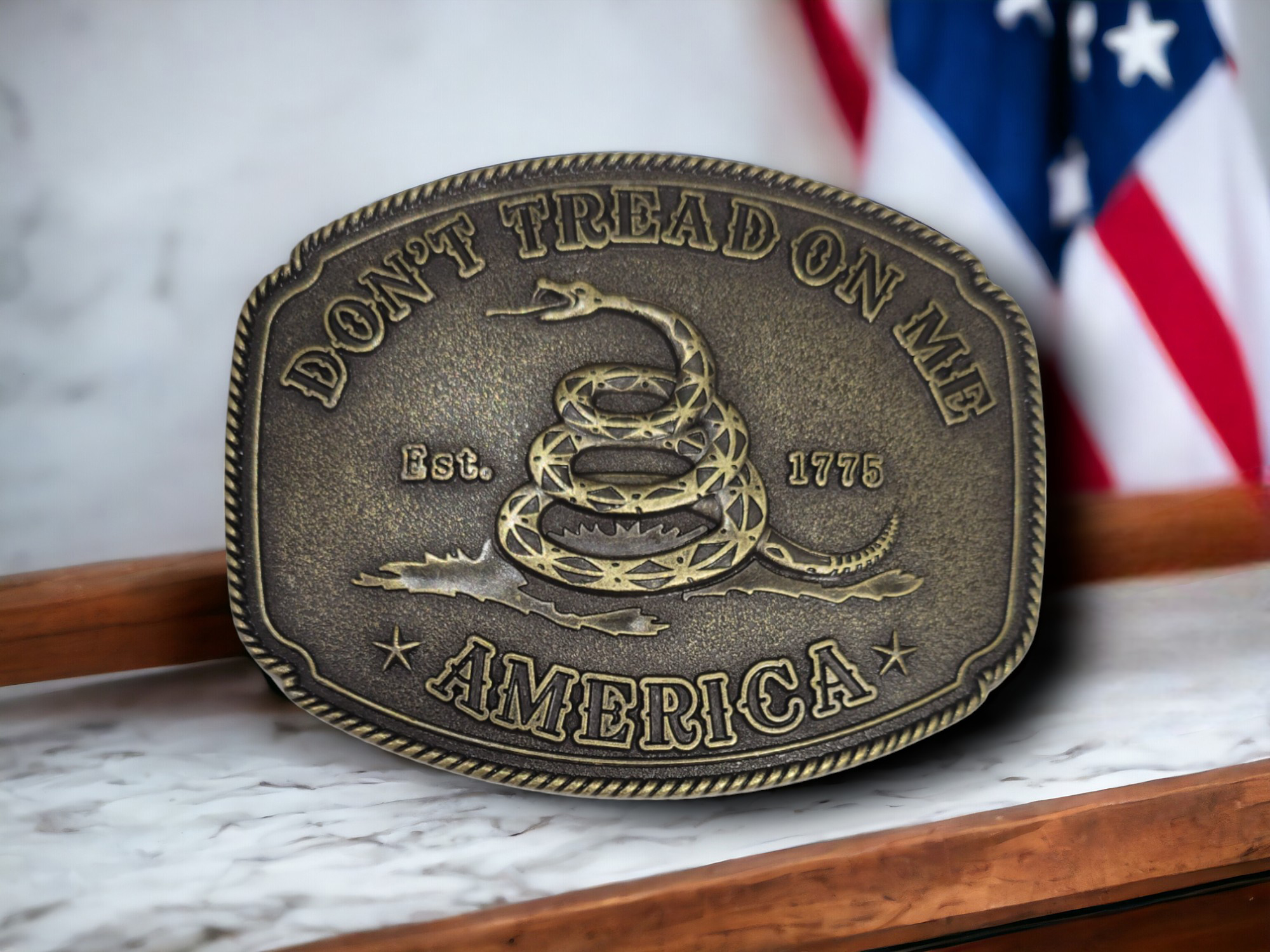 Don't Tread on Me Western Style Belt Buckle with antique bronze and silver finish, featuring a bold design.