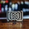 Celtic Pattern Belt Buckle with a sterling silver finish, featuring a traditional design with a five-point star, crafted from durable metal alloy.