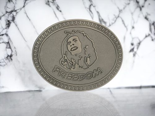 Bob Marley Freedom men's belt buckle with antique brushed silver finish