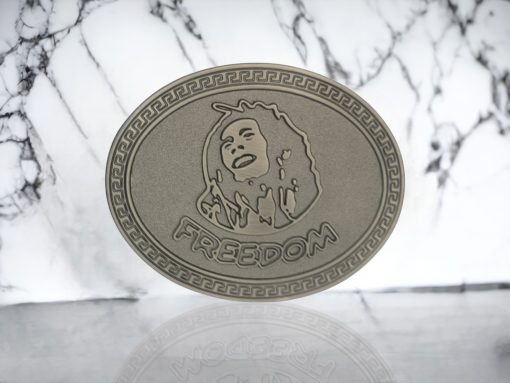 Bob Marley Freedom men's belt buckle with antique brushed silver finish