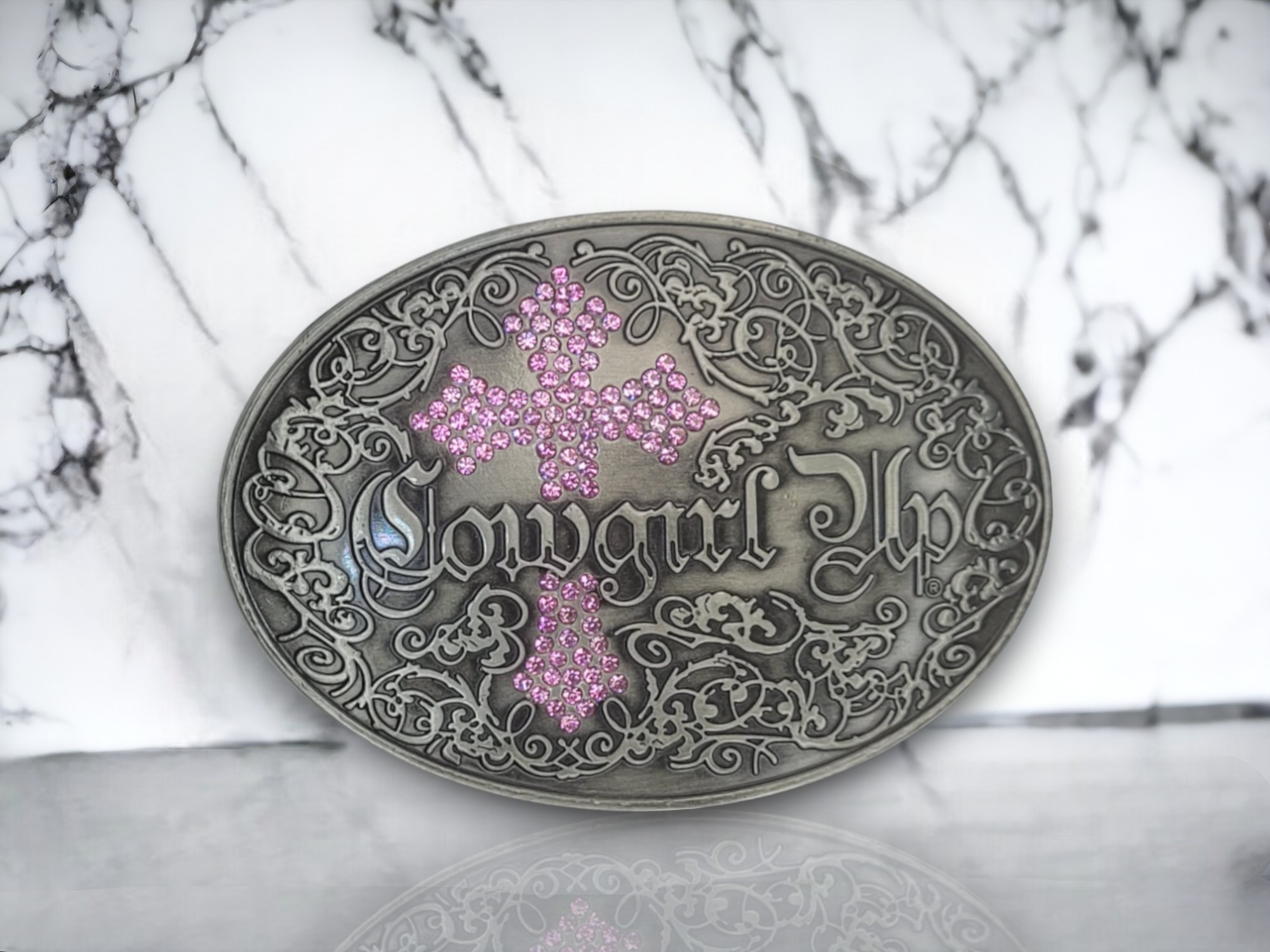 Oval silver belt buckle with pink rhinestones and a turquoise centerpiece, designed for 1.58-inch belts.