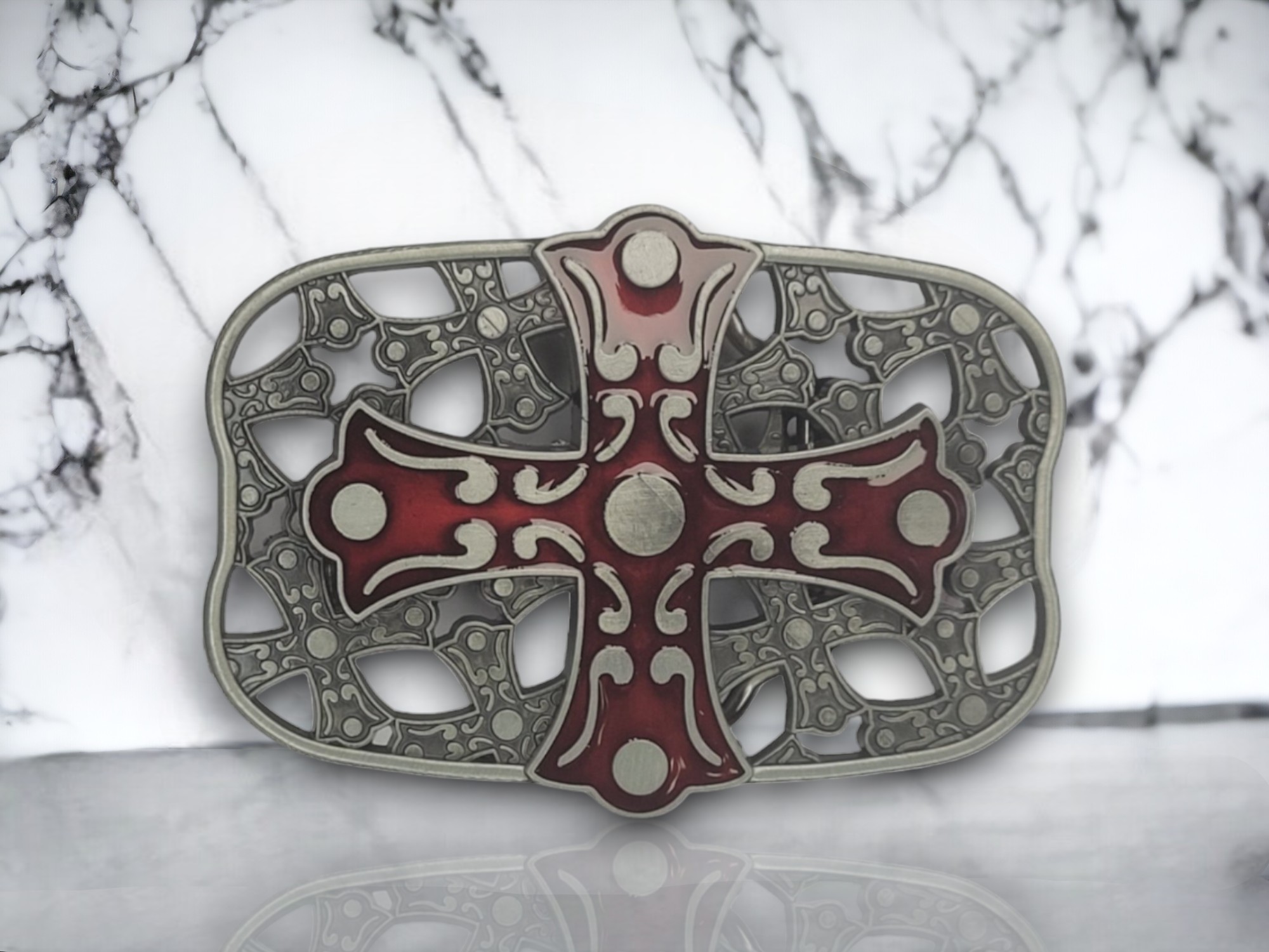 Antique silver Knight Templar Cross belt buckle, fits belts up to 1.58 inches wide, bold and durable design.