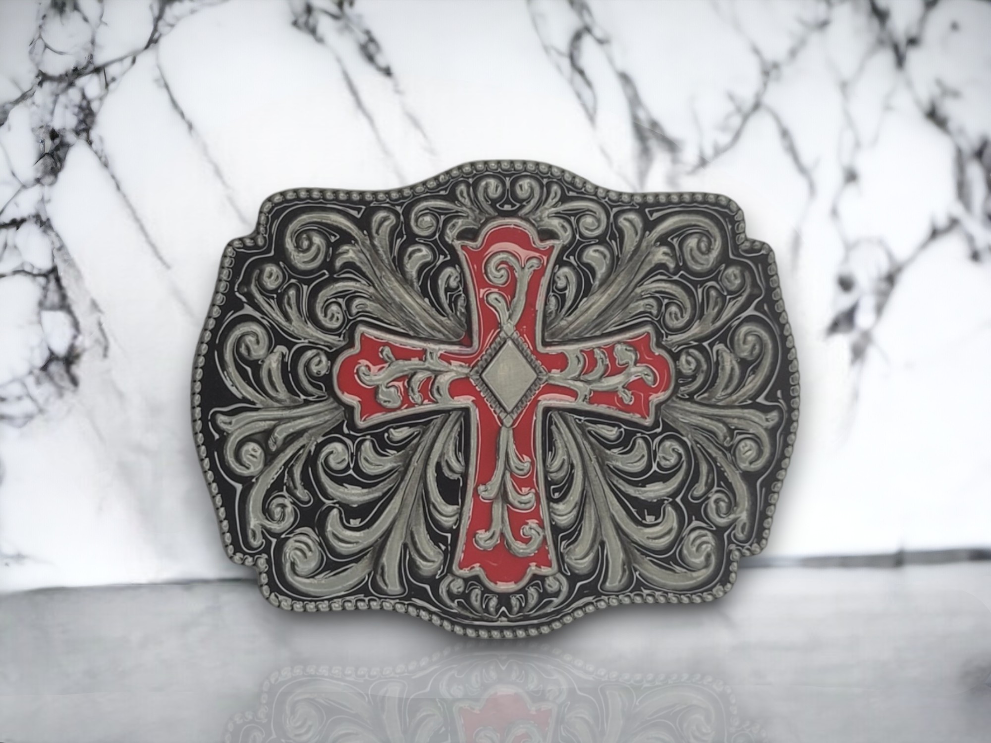 Antique silver Celtic belt buckle with intricate design, suitable for belts up to 1.58 inches wide.