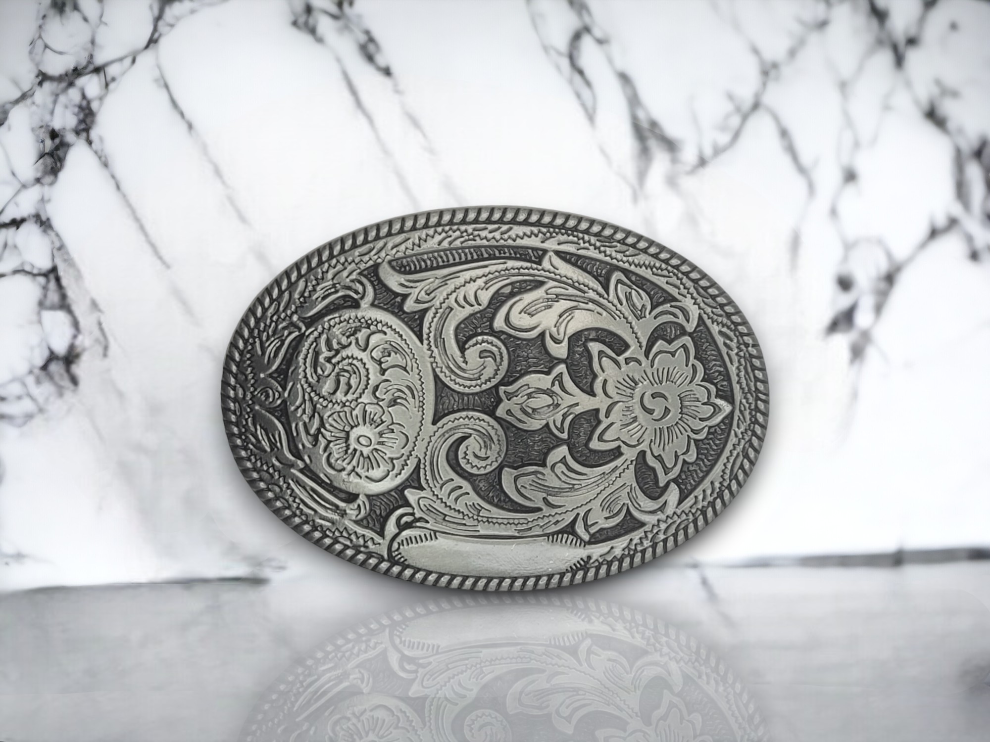Fair Impex Western Belt Buckle (87)-Photoroom (20) Vintage silver oval belt buckle with a brushed silver finish, perfect for cowgirl-inspired outfits.