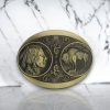 Buffalo Nickel historic belt buckle with a bronze finish, featuring Native American head and buffalo imagery, ideal for Western and patriotic styles.