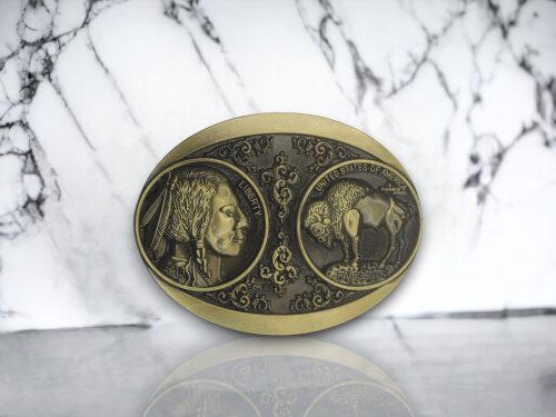Buffalo Nickel historic belt buckle with a bronze finish, featuring Native American head and buffalo imagery, ideal for Western and patriotic styles.