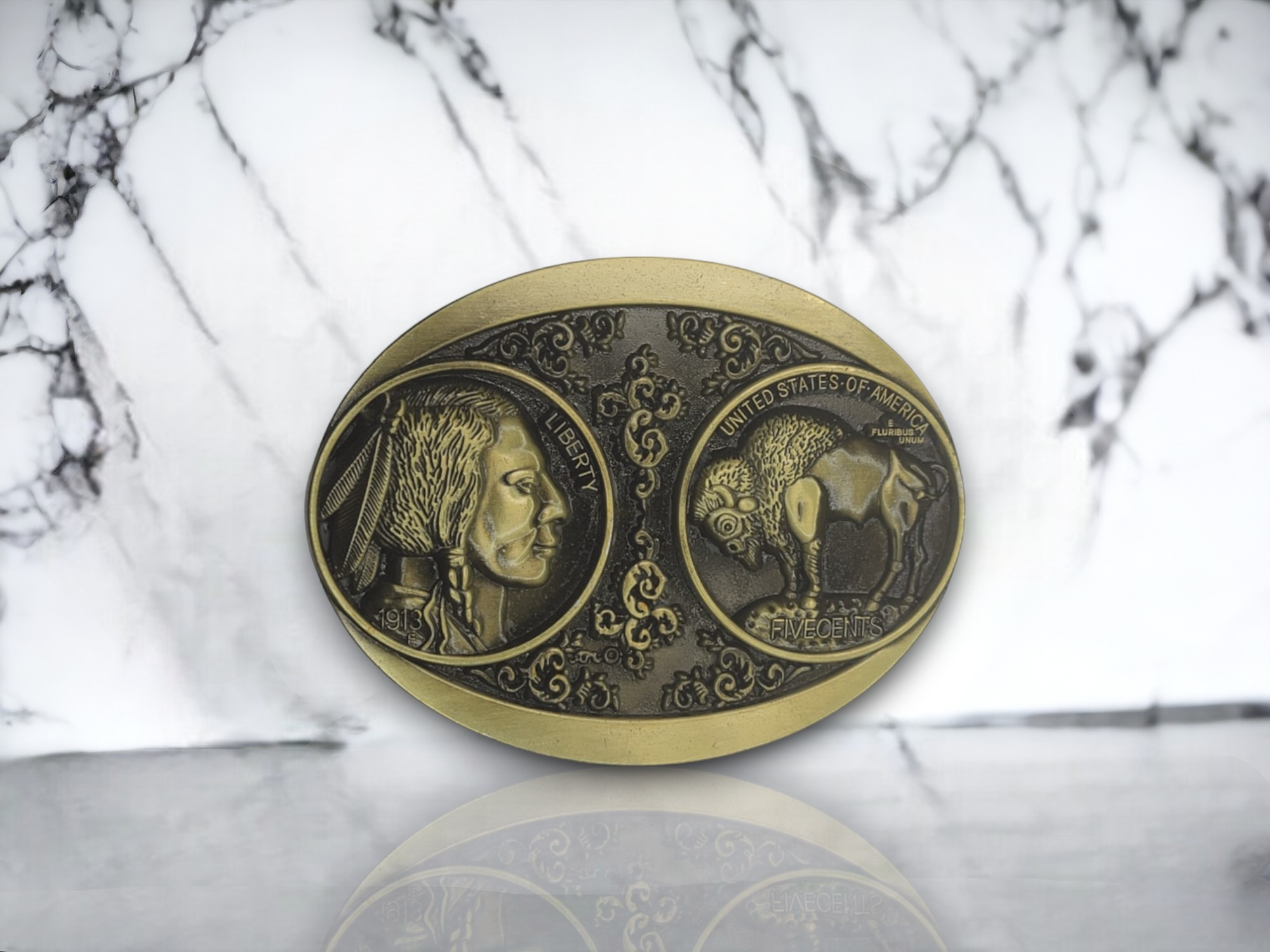 Fair Impex Western Belt Buckle (87)-Photoroom (21) Buffalo Nickel historic belt buckle with a bronze finish, featuring Native American head and buffalo imagery, ideal for Western and patriotic styles.