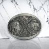 Buffalo Nickel belt buckle with a vintage silver finish, featuring intricate Native American head and buffalo imagery, ideal for Western and patriotic styles.