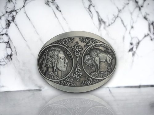 Buffalo Nickel belt buckle with a vintage silver finish, featuring intricate Native American head and buffalo imagery, ideal for Western and patriotic styles.