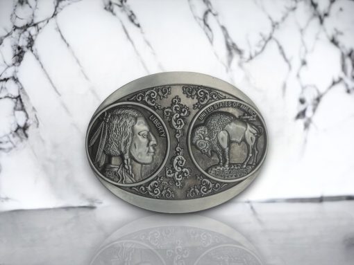 Buffalo Nickel belt buckle with a vintage silver finish, featuring intricate Native American head and buffalo imagery, ideal for Western and patriotic styles.