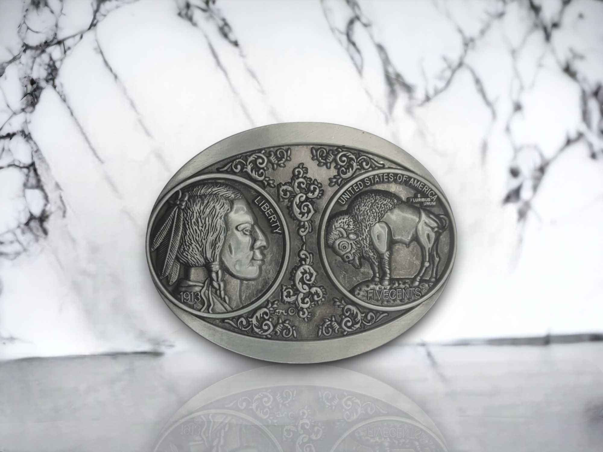 Fair Impex Western Belt Buckle (87)-Photoroom (22) Buffalo Nickel belt buckle with a vintage silver finish, featuring intricate Native American head and buffalo imagery, ideal for Western and patriotic styles.