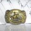 Bull Rider Rodeo belt buckle with gold and silver finish, featuring intricate bull rider artwork and a classic Western design.