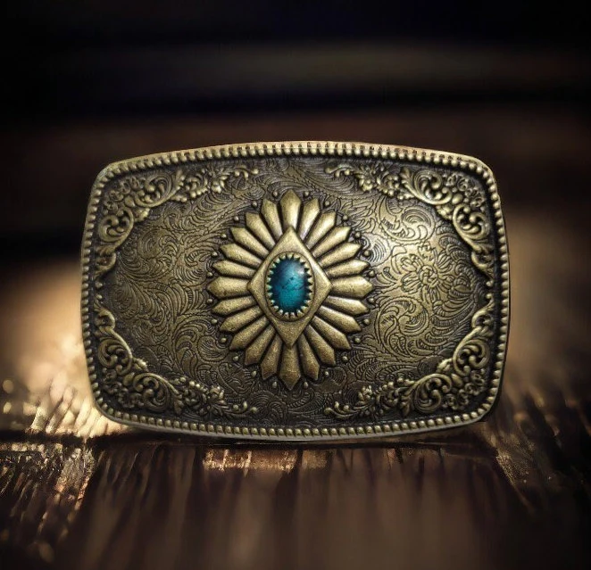 Vintage silver and bronze-plated rectangle belt buckle with a blue turquoise oval centerpiece and Southwest enamel totem design.