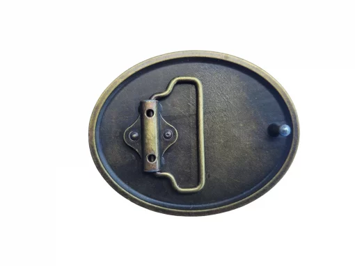 Vintage brass-finish oval belt buckle with intricate peacock feather design, perfect for Western and elegant styles.