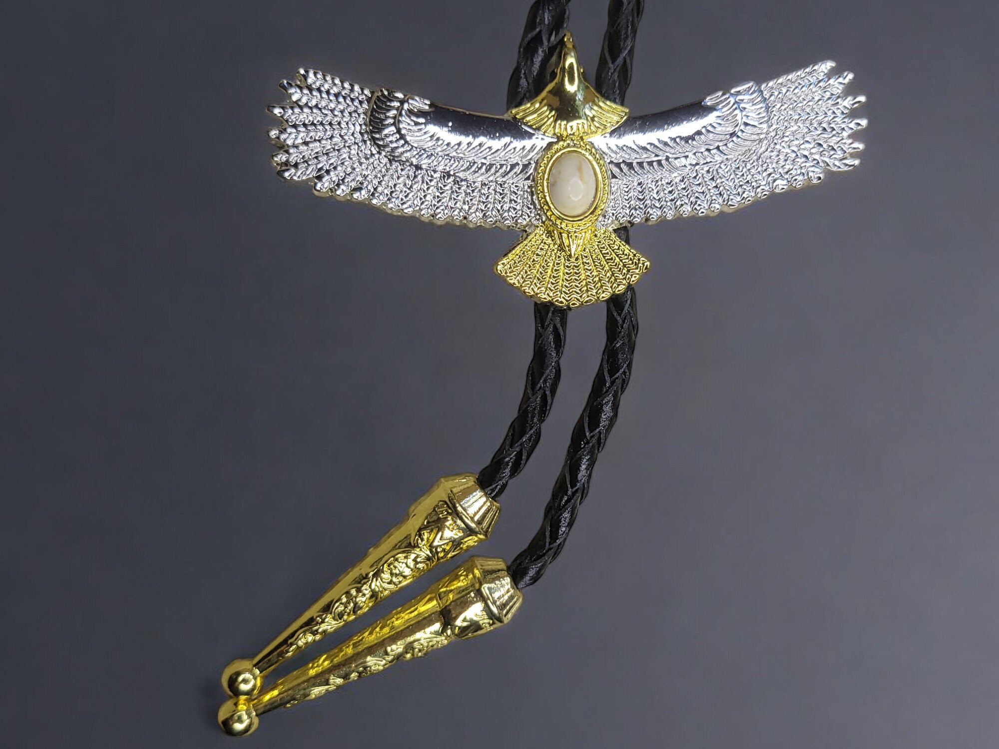 2 Tone Metal Soaring Eagle with Braied Cowhide Leather Bolo Tie (4)