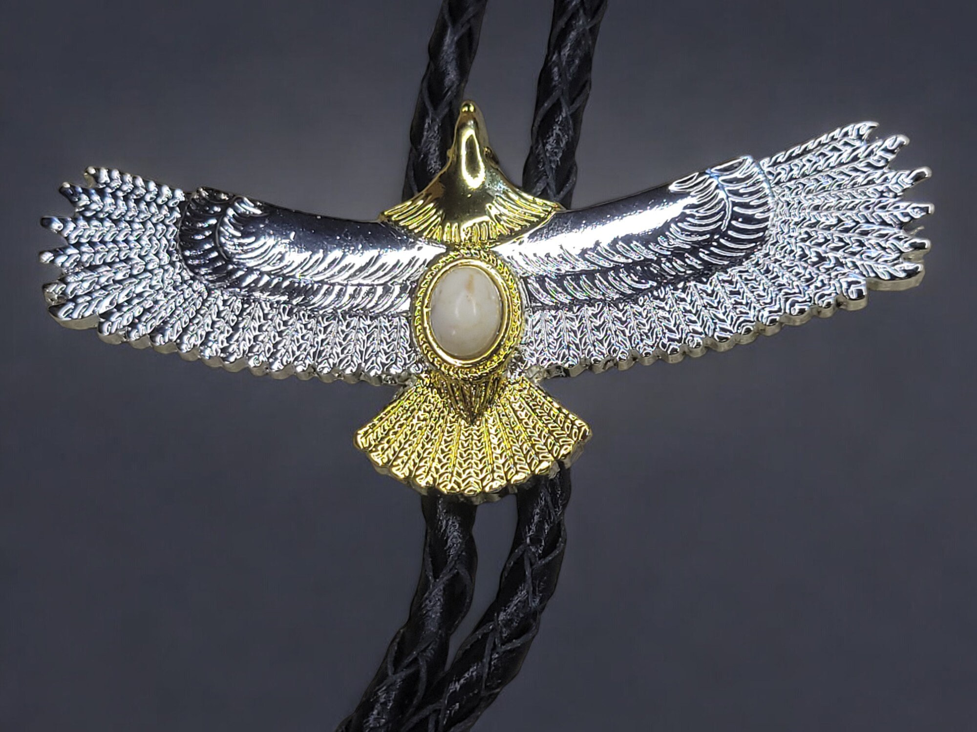 2 Tone Metal Soaring Eagle with Braied Cowhide Leather Bolo Tie (6)
