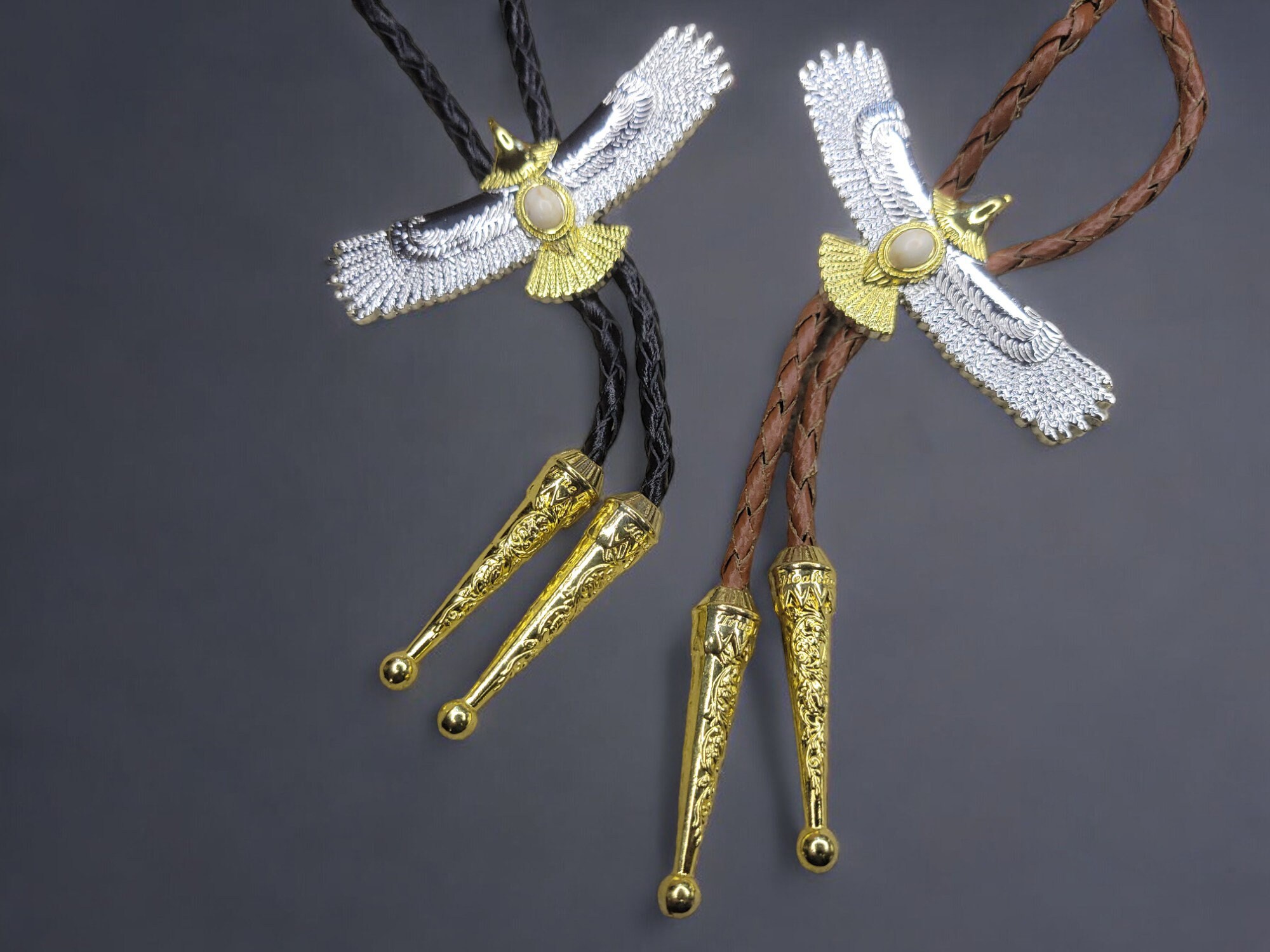 2 Tone Metal Soaring Eagle with Braied Cowhide Leather Bolo Tie (7)