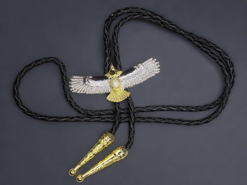 2 Tone Gold And Silver Metal Soaring Eagle Bolo Tie With Cowhide Braided Cord
