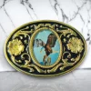 Western belt buckle with American Bald Eagle design in gold and black enamel, crafted from durable metal alloy for a bold and patriotic look.