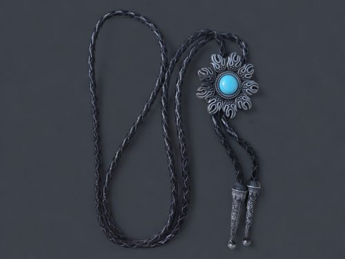 Alternative view of Antique Finish Silver Metal Western Cowhide Leather Cord Bolo Tie Studded With Gem Stone