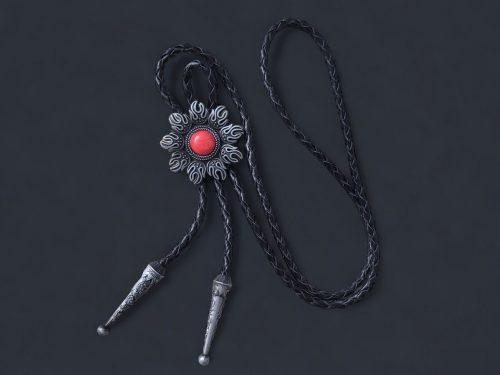 Vintage silver bolo tie with a floral design, featuring a turquoise or red stone centerpiece and a braided leather cord.